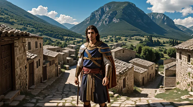 It shows a picture of a young Alexios in his mountain village, rodeado de libros antiguos. This image will set the stage and your quest for Stoic wisdom.