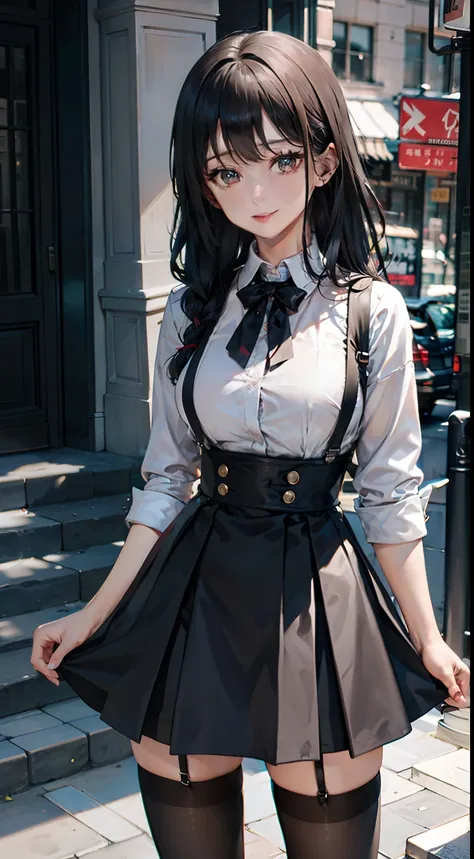 （Student clothing：1.3），（JK school uniform：1.3），（black suspenders stockings：1.3），flatchest，jewely，looking at viewert，hair adornments，choker necklace，is shy，ssmile，
（artwork of a，top-quality，best qualityer，offcial art，Beauty and aesthetics：1.2），（1个Giant Brea...