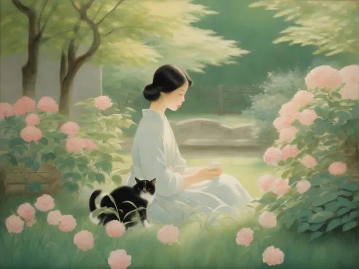 young girl with her cat in the Garden, by Tsuguharu Foujita, delicate lines depicting a serene garden where a loving couple is enjoying a quiet moment near a traditional Japanese house, with soft pastel colors