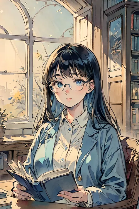 (a young lady, glasses, detailed eyes and face, gentle face, confident, blue eyes, blue vibes that surround her) ( therapist, Doctor ), (an old library), (reading a book, focused), (sunlight streaming through the window), (serene atmosphere), (vintage, cla...