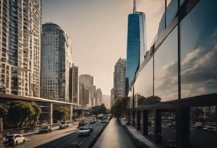 Visualize a contemporary cityscape, com altura, Modern skylines soaring skyward. The buildings are made of glass and steel, reflecting bright sunlight and creating a play of cores and reflections. The streets are full of cars, Pessoas e movimento, retratan...