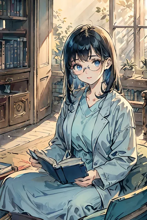 (a young lady, glasses, detailed eyes and face, gentle face, confident, blue eyes, blue vibes that surround her) ( therapist, Doctor ), (an old library), (reading a book, focused), (sunlight streaming through the window), (serene atmosphere), (vintage, cla...