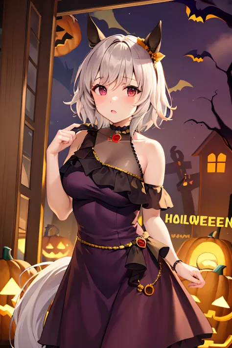 (Masterpiece.Top image quality).1 girl in.White hair.short-hair.Red eyes.Horse-eared girl.White horse tail.(Halloween Costumes:1.4).(burial site:0.8)