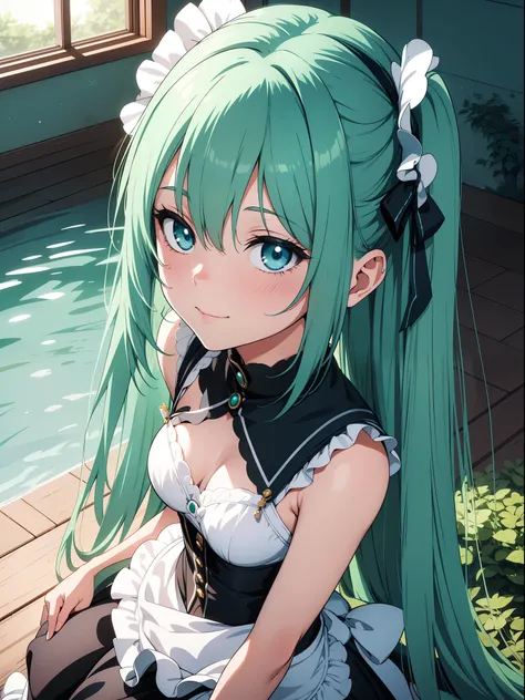 Official art、Top quality ultra-detailed CG art、miku hatsune：１.２）、Green head hair、lively girl、Maids、Transcendent Cute、kirakira、Twin-tailed、ssmile、bob cuts、turn、