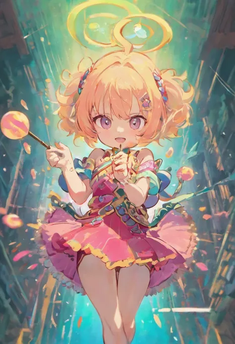 short-legged girl, has 2 large pink tufts,Bearing the Jade Kingdom, mischievous sharps, tai tinh linh, Chibi chromatic combined loli, holding a staff