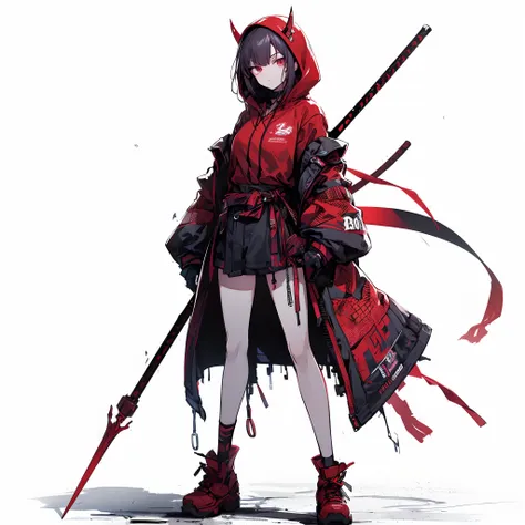 (masutepiece), (Perfect athlete body:1.2), Anime style, Full body, Cyberpunk Ninja Girl, Red Japan Devil, Wearing street fashion. Wielding a long spear, Standing in the wasteland, Wear high-tech boots, White background, Whole body,