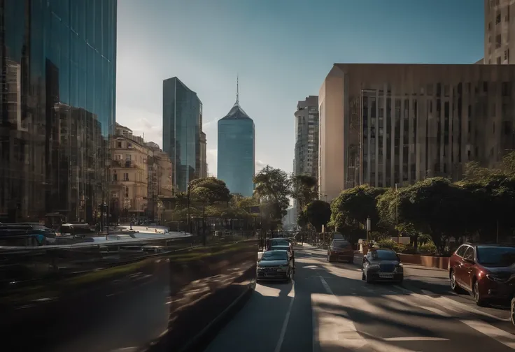 Visualize a contemporary cityscape, com altura, Modern skylines soaring skyward. The buildings are made of glass and steel, reflecting bright sunlight and creating a play of cores and reflections. The streets are full of cars, Pessoas e movimento, retratan...