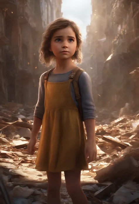 Introducing the protagonist, a young girl named Ellie. She is shown alone, navigating through the debris, her face reflecting determination and resilience. The camera zooms in on the hope shining in her eyes.