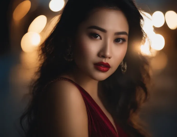 asian girl, cabello corto negro, mirada cautivadora, labios torneados, figura delgada, realista, HD, 8k hiperealismo posando en paisaje noche placentera