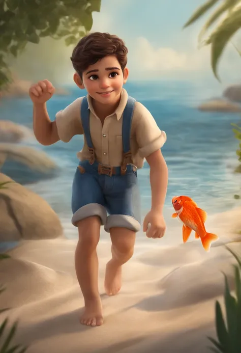 qualidade de imagem do filme，Disney Animation Style，A boy swims in the sea with a koi in his arms，cabelo curto e detalhado，Denim suspenders，Bare feet，profundidade de campos，Luz alta，luz real，Traching de raias，oc renderizado，hyper-realistic，melhor qualidade...