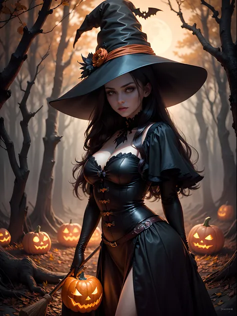 (Masterpiece), beste-Qualit(Best Quality,4k,8K,High Resolution,Masterpiece:1.2),Ultra-detailed,(Realistic,Photorealistic,Photorealistic:1.37),The Girl in the Hat,(hat:1.1),Scary and mysterious atmosphere,Horror style,Witch costume,Long black hair,beautiful...