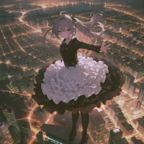 ultra detailed game CG, (High resolution:1.1),(absurderes:1.1), 1girl in, Little Girl, dance，Solo, Simple Anime, nightcity, Overlooking the night view from a height