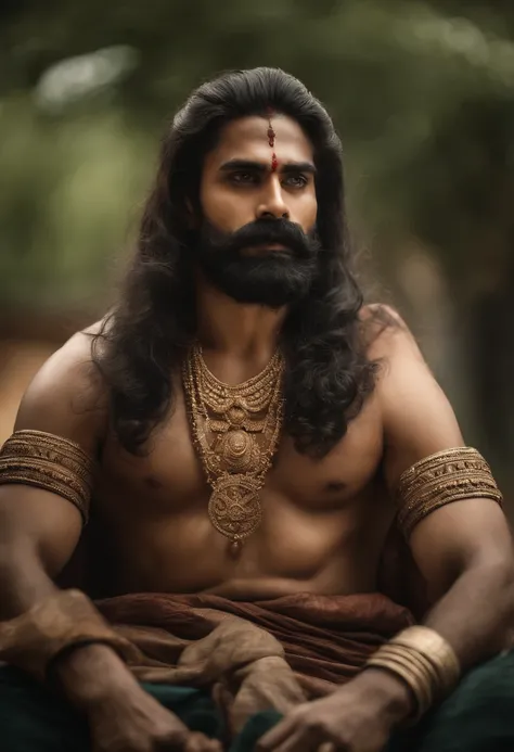 Ravana from ramayanam ,strong male ,with single head ,beard and long hair ,handsom, kind , Indian mythology, happy portrait, ((realistic,8k,masterpiece:1.2))