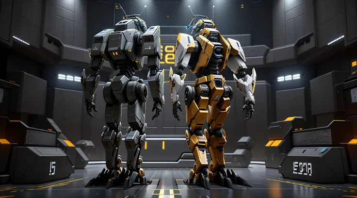 Theres a lot of robots that are standing in a room, Captura de tela do videogame>, mech machines firing bullets, high definition screenshot, unreal 6 breathtaking detailed, Plataforma de defesa automatizada, engenheiro irreal 5, hard surface concept art, P...