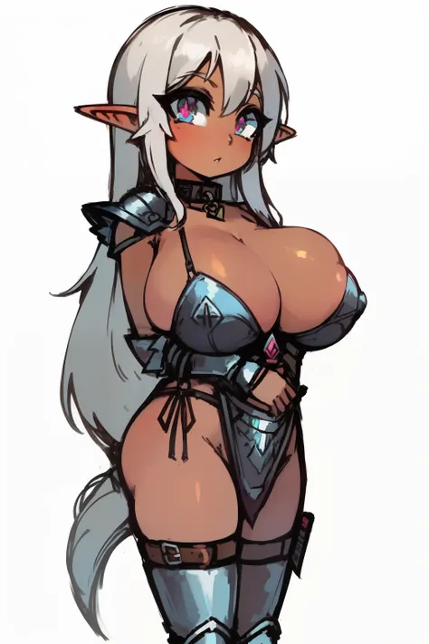 (((short young small girl:1.2))), ((tanned elf girl))), (((best quality))), (((highres:1.1))), (((sharp eyes))), (((long hair))), (((large breasts:1.2))), (((solo))), (collar:1.2), (fantasy leather armor:1.3), (dagger:1.2), (white background)