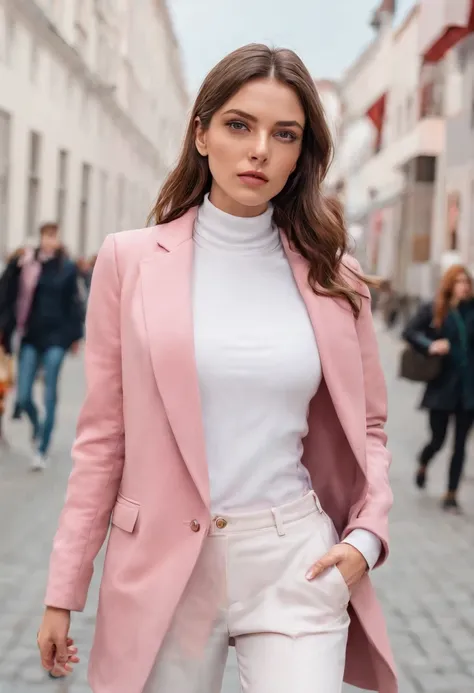 Woman in pedestrian zone, pinker Kapuzenpullover, Pinker Blazer, white pants, pinke sneaker, Runs in the pedestrian zone, braune lockige lange haare