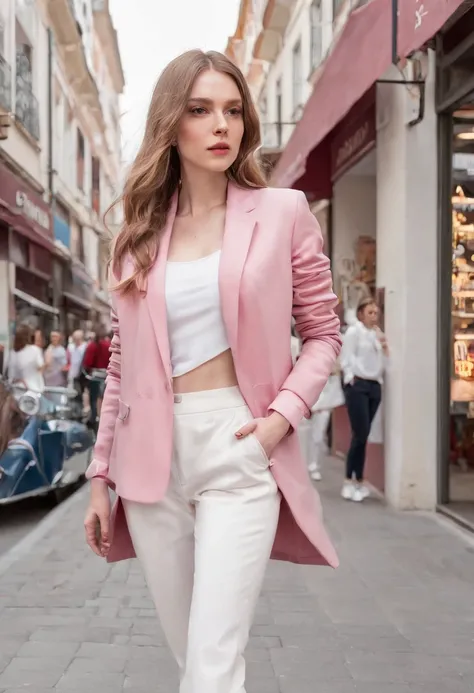 Woman in pedestrian zone, pinker Kapuzenpullover, Pinker Blazer, white pants, pinke sneaker, Runs in the pedestrian zone, braune lockige lange haare