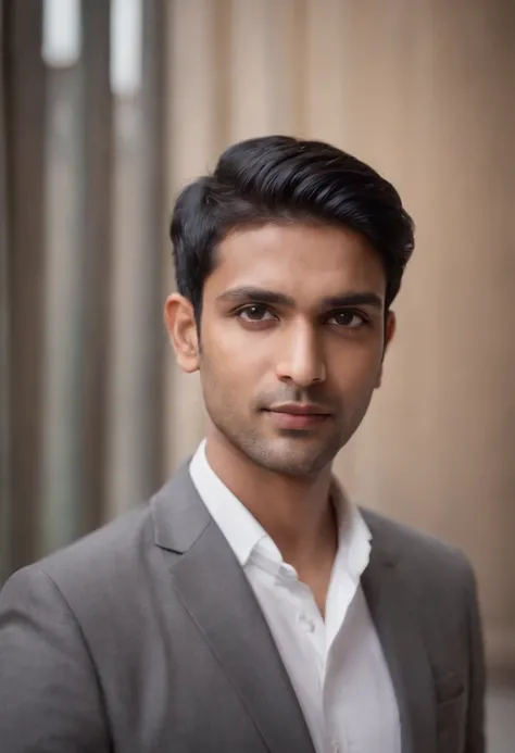 30 year old Indian man with short black hair in a business suit, shaved, portrait, looking directly at the camera, headshot, professional photo, corporate portrait, professional profile picture, headshot photograph