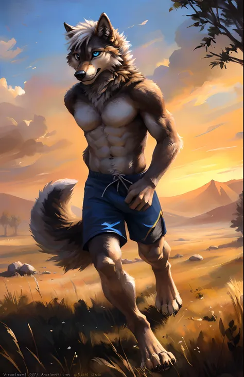 ((Solo)), male people, anthro wolf, (Multi-colored fur, White-brown:1.3，White tail pointed), ((Wolf face, White hair, Big eyes, White eyelids, Blue pupil, Slim:1.2) (Tough, Calm expression:1.2)), Abs, Slim, pinging)), (Correct anatomy), (Work shorts:1.1), ...