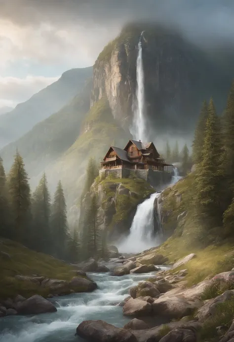 painting of a waterfall in a mountainous area with a house on the top, vertical wallpaper, 4 k vertical wallpaper, 4k vertical wallpaper, 8 k vertical wallpaper, 8k vertical wallpaper, ross tran. scenic background, beautiful mattepainting, 4 k matte painti...