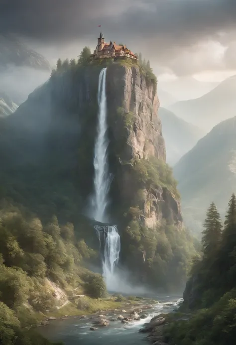 painting of a waterfall in a mountainous area with a house on the top, vertical wallpaper, 4 k vertical wallpaper, 4k vertical wallpaper, 8 k vertical wallpaper, 8k vertical wallpaper, ross tran. scenic background, beautiful mattepainting, 4 k matte painti...