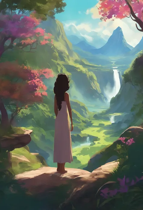 "Descreva uma imagem envolvendo uma mulher negra, de cabelos longos e cacheados, usando um vestido florido, Standing in front of a lush green landscape. Her curious eyes are fixed on a majestic tree, com folhas vibrantes e copa ampla. The suns rays filter ...