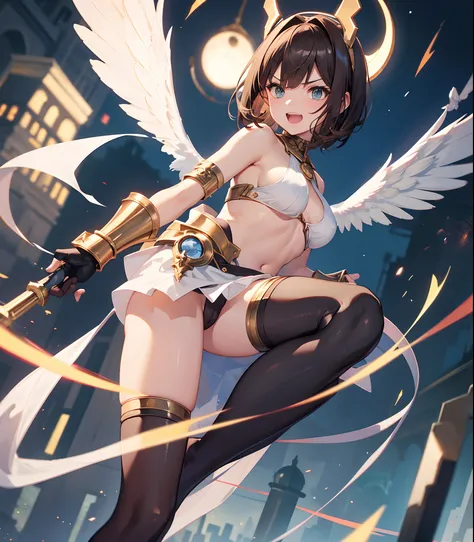 fantasy, 1angel_girl,child, loli,brown_hair, medium_bob_hair, long_bangs, halo,bare_shoulder,thighhighs,silver_armor, waist_armor, large_breasts,angry,grinning,open_mouth,teeth, 1pair_wings, dynamic_pose_fighting,floating, bare_crotch, headgear,gauntlet, g...