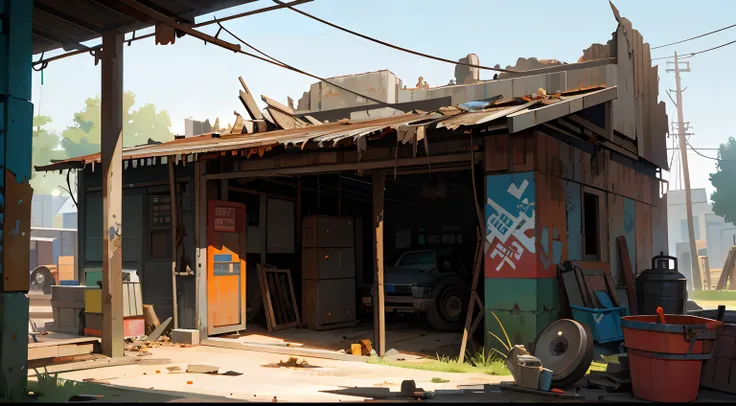 Front shot of a highly detailed ruined mechanic garage shop, cracked walls covered in graffiti, trash can, dirty, rusty pipes, old rusty metal garage door, mechanic tools, broken windows, post-apoliptic landscape, in the style of raiman legends, sad desola...