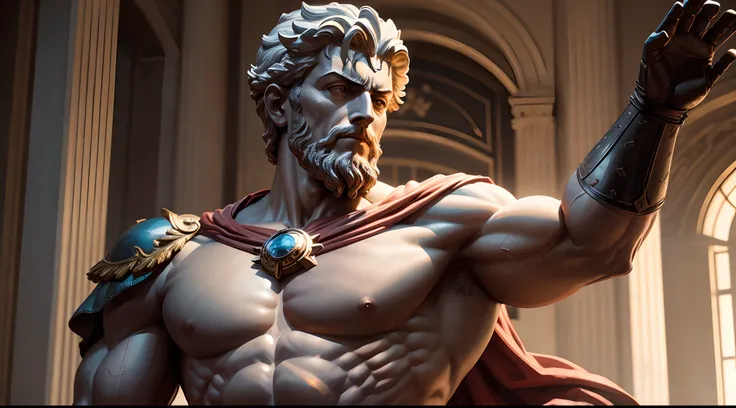 Muscular Marcus Aurelius statue, in superhero position, dark historical background, cinematic, 8k