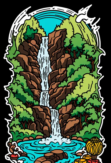 watterfall illustration for sticker on black background, Bold outline style, jagged, Trashcore, Light Shading