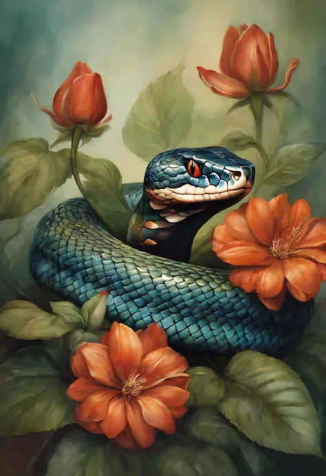 Snake head in the watercolor style of David Paul Seymour with flowers and vibrant hues.