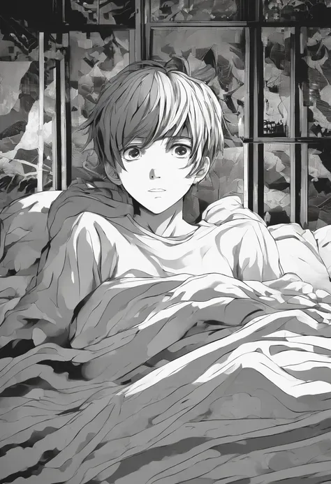 a teen boy in bed with fear creepy with jump scare of horror front view black and white image managa