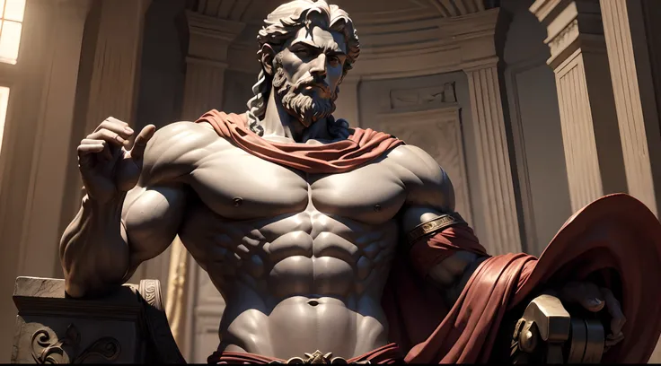 Muscular Marcus Aurelius statue, in superhero position, dark historical background, cinematic, 8k