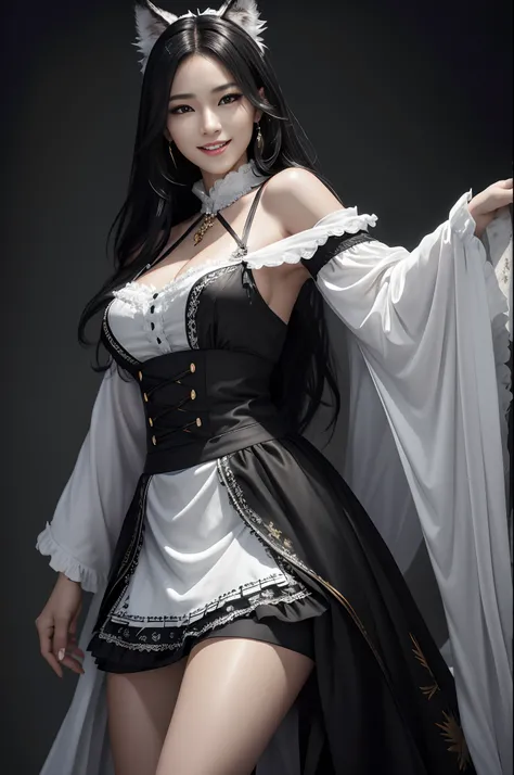 8K、The highest quality of photorealistic RAW photos。1.4)(Mature female werewolf) Personification of super beautiful werewolf(lifelike face) Wolf personification Eagle personification Black and white maid clothes Black and white maidno skirt golden decorati...