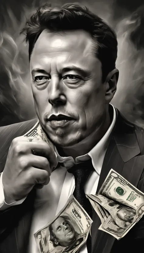 Elon Musk fighting money, Oil Painting, Harsh brush strokes, Dramatic Lighting, intense expression, Determined eyes, hold fists, sweat dripping down his face, Wrinkled suit, broken chains, Crumbling dollar bills, Crumbling Stock Market Graph, Smoke rises i...