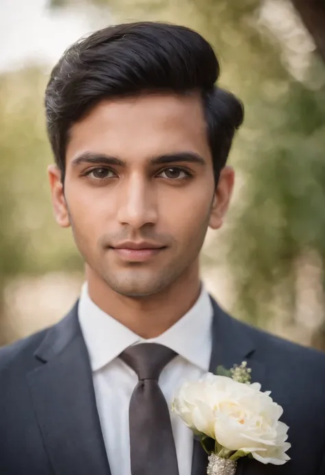 25 year old Indian man with short black hair in a business suit, shaved, with bride, portrait, looking directly at the camera, headshot, professional photo, corporate portrait, professional profile picture, headshot photograph