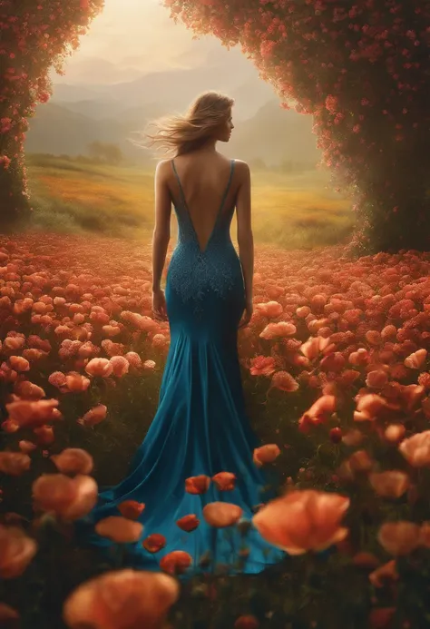 There is a woman standing in a flower field in the rain, a goddess in a field of flowers, karol bak uhd, Girl in flowers, Flower storm portrait, Girl front in the flower field, Beautiful Ultra HD 4K art, girl in a flower field, in a field of flowers, woman...