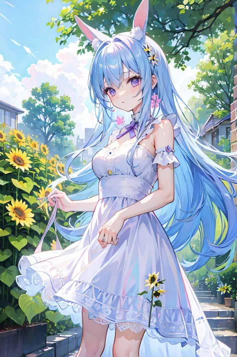 light blue hair, pink hair highlight, 1girl, purple eyes, looking at viewer, garden, white sunflower dress, 8k, high res, morning, masterpiece, ultrasharp, two arms, long hair, bunny ears,