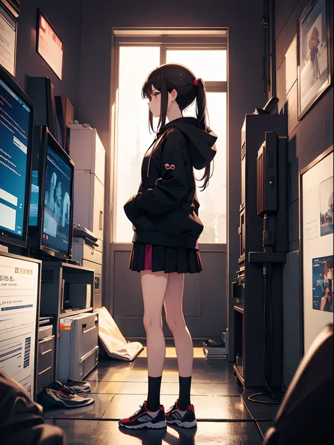 Side profile, anime girl, hoodie, skirt, standing, black background, brunette,