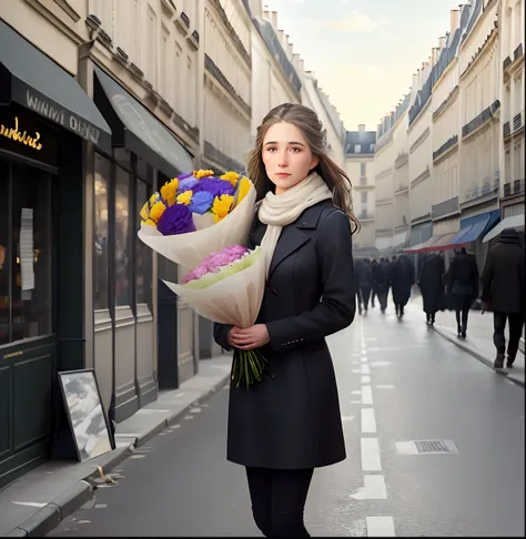 A person holding a bouquet of flowers on a deserted street in Paris. Photo realiste