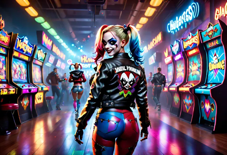 (Best quality,4K,8K,A high resolution,Masterpiece:1.2),Ultra-detailed,(Realistic,Photorealistic,photo-realistic:1.37),bright vibrant colors,of harley quinn，dynamicposes, Leather jacket, Hair dyed in bright colors,Play video games seriously，From behind，Arca...