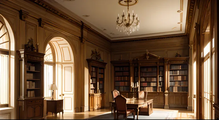 Stepping into a grand library with and desk by the doorway, bookcase, 2nd floor,