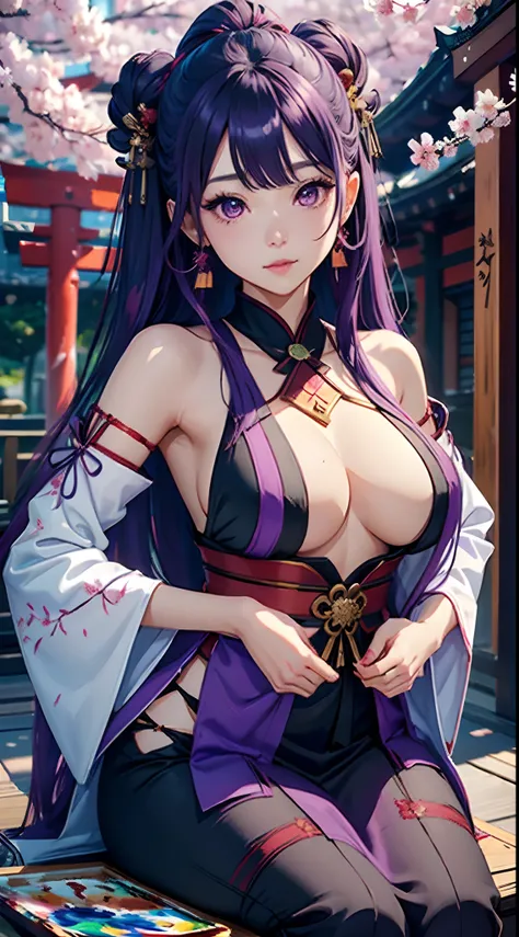 1girl, (ulzzang-6500:0.7), kpop idol, yae miko, detached sleeves, bare shoulders, purple hair, long hair, japanese clothes, best quality, (painting:1.5), (hair ornament:1.35), jewelry, purple eyes, earrings, breasts, torii,  cherry blossoms,  lantern light...