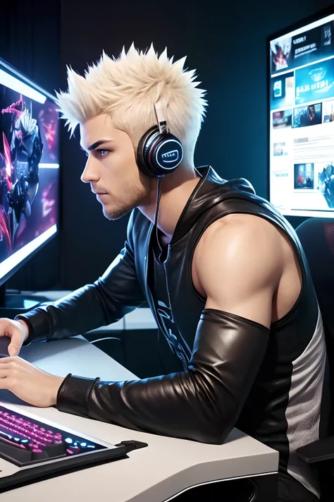 (best quality), (photo-realistic:1),realistic skin texture,slim,looking at viewer,face focus ,
a man playing game,professional gamer ,bleach spiky hair,slim body,upper body,full body,
luxury big game room,gaming Headset,TV,computer, big 3 monitor,led keybo...