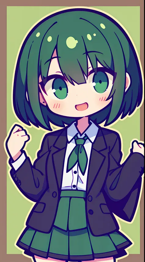 Girl with short green and black hair wearing skirt and formal clothes，An expression of happiness