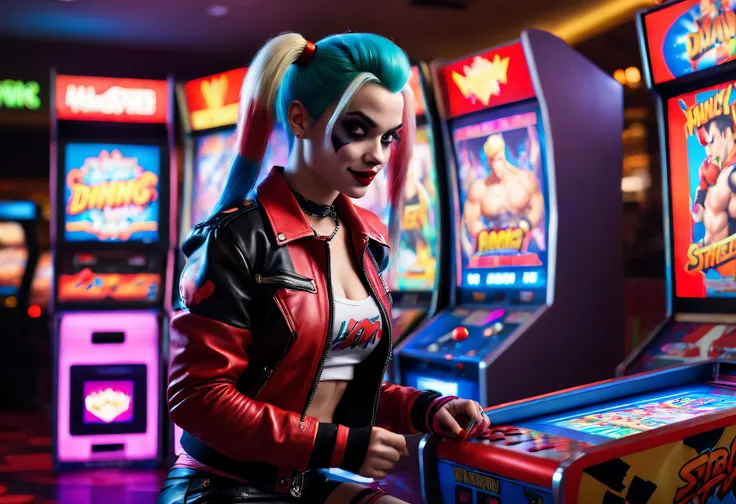 (Ultra-detailed,Realistic,Photorealistic:1.37), Energetic 80s hairstyle, Harley Quinn plays Street Fighter fighting arcade game at a dimly lit Las Vegas casino, Punk fashion, Neon lights, retro aesthetic,  Colorful arcade game consoles, glowing screen, ene...