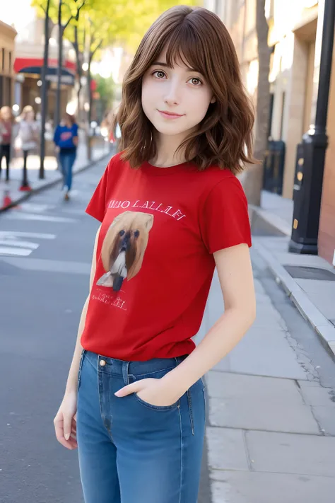 ,La mejor calidad ,muy flaco , Cabello largo ,   Caucasian Girl Max Caulfield   ,ojos grandes  ,Borrosa,  , brown hair   , feliz ,  , piel suave, , ojos expresivos ,
 , , Camiseta roja de manga larga,  pantalones cortos , en la ciudad ,