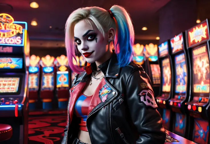 (Ultra-detailed,Realistic,Photorealistic:1.37), Energetic 80shair style, Harley Quinn plays Street Fighter fighting arcade game at a dimly lit Las Vegas casino, Punk fashion, Neon lights, retro aesthetic,  Colorful arcade game consoles, glowing screen, ene...