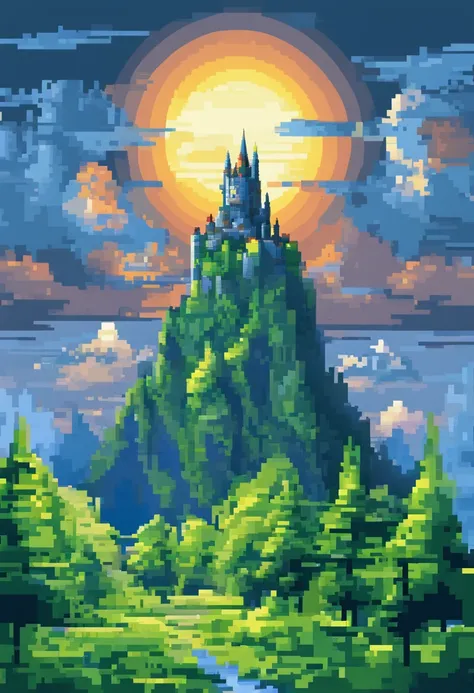 blue sky,castle in mountain,green mountain,Forest,Sun light.