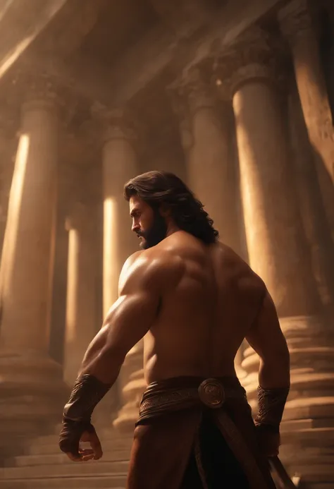 (Professional 3D rendering:1.3) de (Realistic:1.3) Foto de arte mais bonita do mundo，Features soft, bright male heroes, ((Epic Fantasy Hero, Muscular Rough Man, Angry Wet Hero Looking Long Hair, Short Beard And Fierce Expression Knocking Down Columns Of A ...